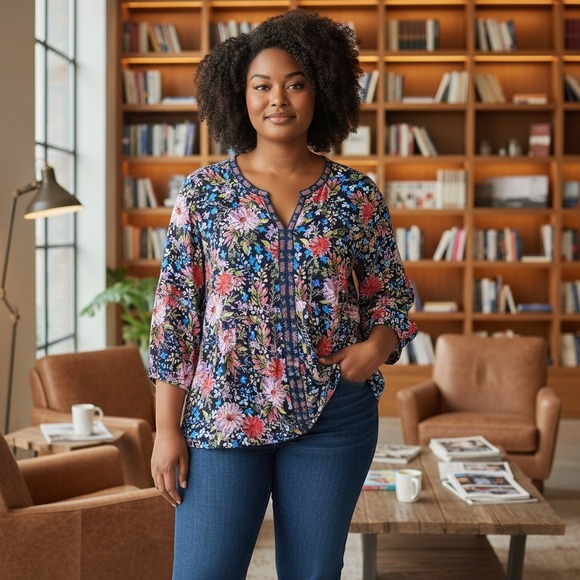 The Pioneer Woman Tops - The Pioneer Woman Peasant Top Women XXXL Navy Blue Ditzy Floral 912P908PW #803